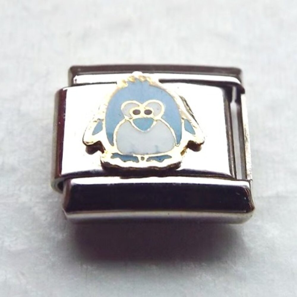 Blue and white enamel penguin 9mm stainless steel italian charm bracelet link